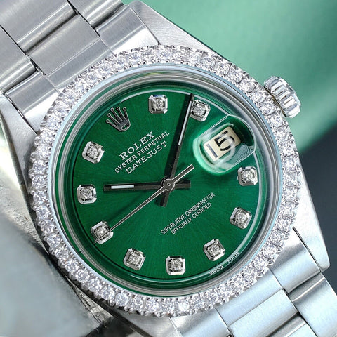 ROLEX MENS DATEJUST STEEL WATCH GREEN DIAL DIAMOND BEZEL