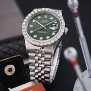ROLEX MENS DATEJUST STEEL WATCH GREEN DIAL DIAMOND BEZEL