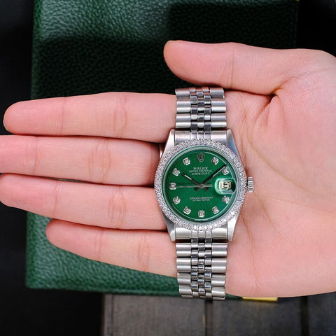 ROLEX MENS DATEJUST STEEL WATCH GREEN DIAL DIAMOND BEZEL
